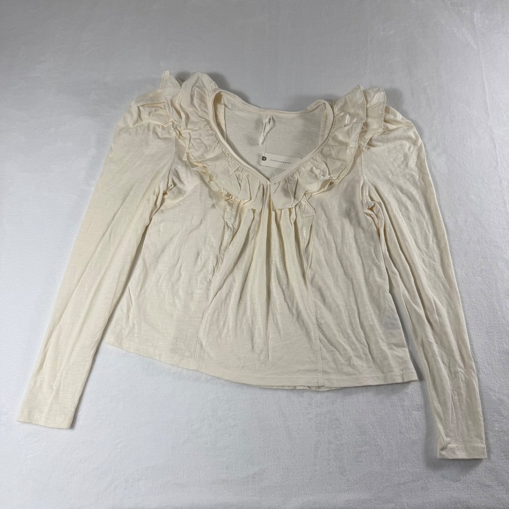 Anthropologie Ruffle V-Neck Puff Sleeve Top Womens M Cream Cottagecore New*